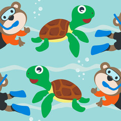 Seamless pattern texture with little monkey and bear are swim in  underwater. For fabric textile, nursery, baby clothes, background, textile, wrapping paper and other decoration.