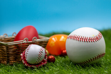 Baseball with Easter Eggs in the basket  for Easter Holiday 