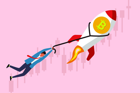 Male trader holds rope on rocket bitcoin. Businessman flying up on rocket with currency rate on background. Invest in bitcoin. Fast growth of bitcoin rate, earnings on cryptocurrency. Trading on stock