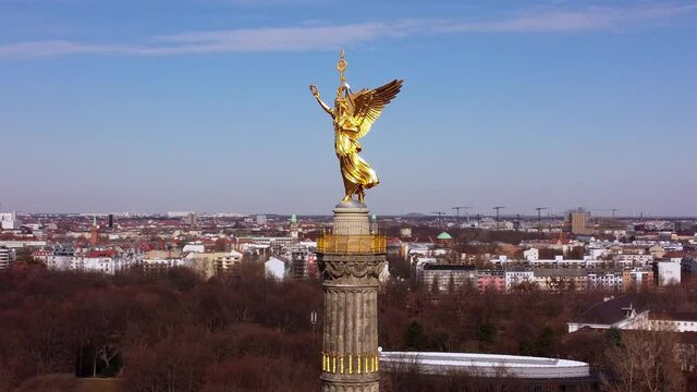 Famous Berlin Victory Column in the city center called Siegessaeule. Amazing drone footage