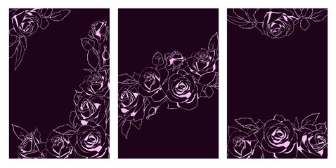 Template for invitation, greeting card, decorated with pink outline of rose flowers and leaves on a dark purple background.