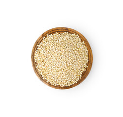 Quinoa seeds in wooden bowl isolated on white background with clipping path, top view
