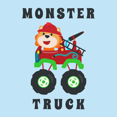 Obraz na płótnie Canvas Vector illustration of fire rescue monster truck with cartoon style. Can be used for t-shirt print, fashion design, invitation card. fabric, textile, nursery wallpaper, poster and other decoration.