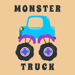 Vector illustration of monster truck with cartoon style. Can be used for t-shirt print, kids wear fashion design, invitation card. fabric, textile, nursery wallpaper, poster and other decoration. © Hijaznahwani