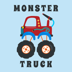 Vector illustration of monster truck with cartoon style. Can be used for t-shirt print, kids wear fashion design, invitation card. fabric, textile, nursery wallpaper, poster and other decoration. © Hijaznahwani