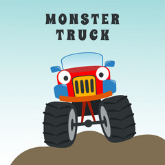 Vector illustration of monster truck with cartoon style. Can be used for t-shirt print, kids wear fashion design, invitation card. fabric, textile, nursery wallpaper, poster and other decoration.