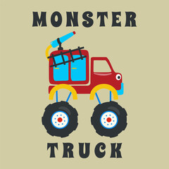 Vector illustration of fire rescue monster truck with cartoon style. Can be used for t-shirt print, fashion design, invitation card. fabric, textile, nursery wallpaper, poster and other decoration. © Hijaznahwani