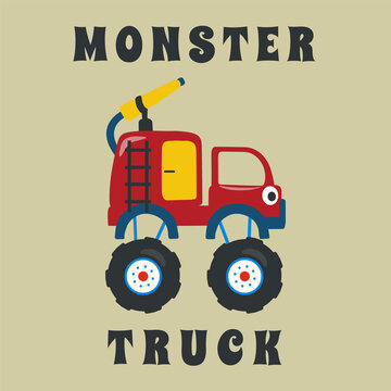 Vector illustration of fire rescue monster truck with cartoon style. Can be used for t-shirt print, fashion design, invitation card. fabric, textile, nursery wallpaper, poster and other decoration.