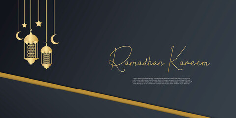 Ramadan Kareem. Gold moon and abstract luxury islamic elements background