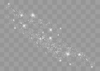 Dust white. White sparks and golden stars shine with special light. Vector sparkles on a transparent background.