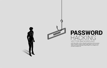 Silhouette of businessman standing with fishing hook with password. Concept of click bait and digital phishing.