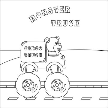 Vector illustration of monster truck with animal driver. Cartoon isolated vector illustration, Creative vector Childish design for kids activity colouring book or page.