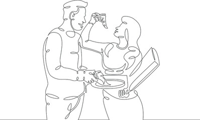 Fototapeta na wymiar Woman and man eating pizza out of the box together. Portrait of a pair of lovers in the meal time. One continuous drawing line logo single hand drawn art doodle isolated minimal illustration.