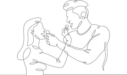 Woman and man feeding each other food. Portrait of a pair of lovers in the meal time. One continuous drawing line  logo single hand drawn art doodle isolated minimal illustration.