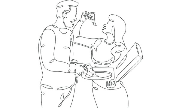 Woman and man eating pizza out of the box together. Portrait of a pair of lovers in the meal time. One continuous drawing line  logo single hand drawn art doodle isolated minimal illustration.
