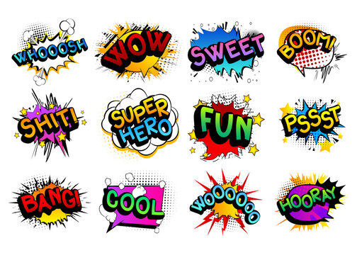Comic book word set: Whooosh, Wow, Sweet, Boom, Shit, Super Hero, Fun, Pssst, Bang, Cool, Woooooo, Hooray. Comics speech bubble template collection. Cartoon style comic dialog cloud. Pop art explosion