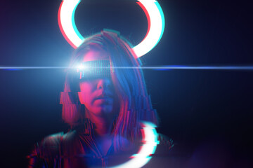 Cyberpunk style portrait of beautiful young woman in futuristic costume. Image with glitch effect.