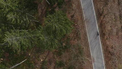Aerial top down shot at a driving cyclist, look up shot to it's road which is leading in a green forest with the alp mountains in the wide background.