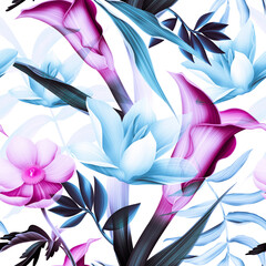 Seamless pattern with Tropical flowers and leaves design. Stylish trendy fashion floral pattern