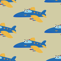 Seamless pattern texture with Funny cute airplane is flying in the sky. For fabric textile, nursery, baby clothes, background, textile, wrapping paper and other decoration.