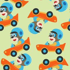 Seamless pattern texture with Cute bear cartoon driving a vintage race car. For fabric textile, nursery, baby clothes, background, textile, wrapping paper and other decoration.