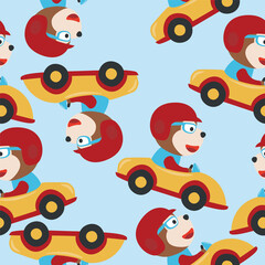 Seamless pattern texture with Cute monkey cartoon driving a vintage race car. For fabric textile, nursery, baby clothes, background, textile, wrapping paper and other decoration.