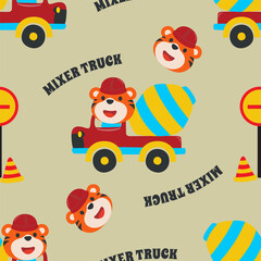 Seamless pattern texture with contruction vehicle with cute litle animal driver. For fabric textile, nursery, baby clothes, background, textile, wrapping paper and other decoration.