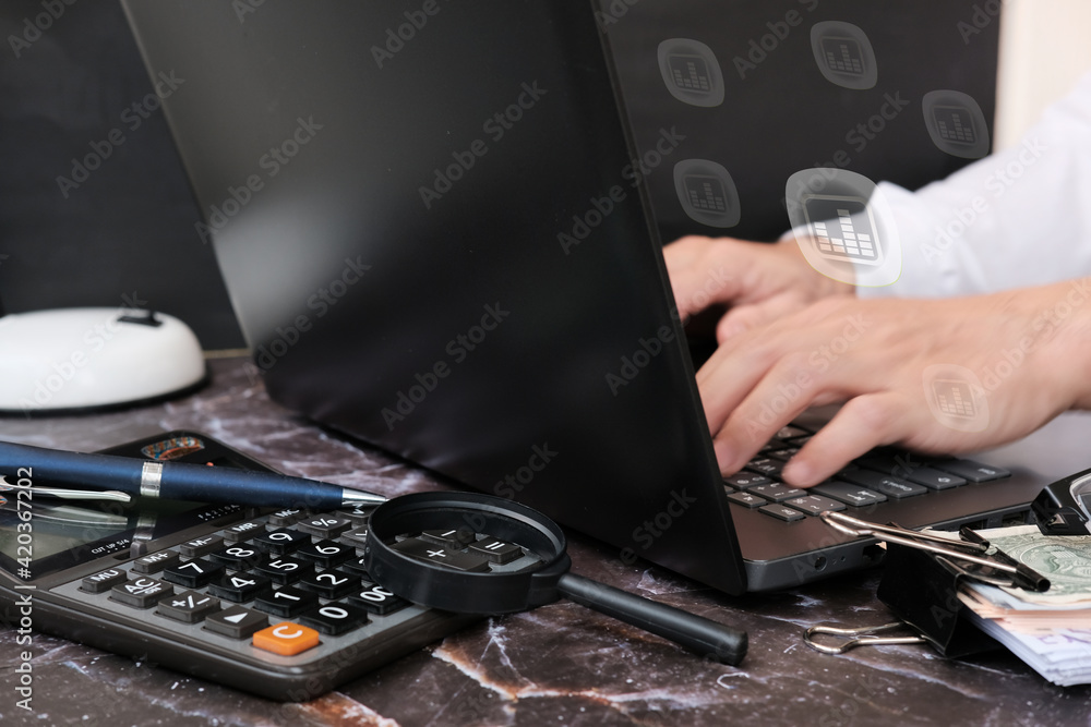 Poster Businessman hand working on laptop computer and document management concept with icons on virtual screen