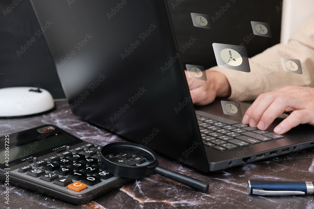 Poster businessman hand working on laptop computer and document management concept with icons on virtual sc