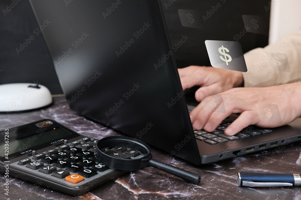 Poster businessman hand working on laptop computer and document management concept with icons on virtual sc