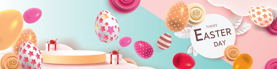 easter day podium show product background and colorful egg paper art 