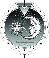  Mystical symbols: sun and moon in an image of the man and woman.Sacred geometry. Alchemy, magic, esoteric, occultism. Vector illustration isolated on a white background.Print, poster, t-shirt, card.