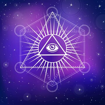 Eye of Providence. All seeing eye inside triangle pyramid. Esoteric symbol, sacred geometry.  Background - the night star sky. Vector illustration. Print, posters, t-shirt, card.