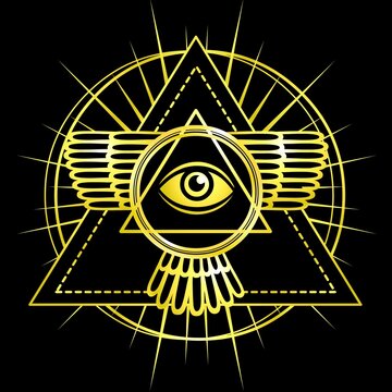 Eye of Providence. All seeing eye inside triangle pyramid. Esoteric symbol, sacred geometry. Gold imitation. Vector illustration isolated on a black background.