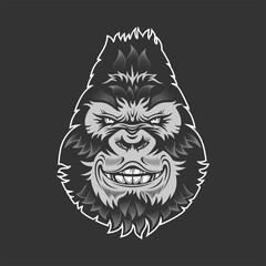 Smiling gorilla head. Monochrome vector illustration on black background.