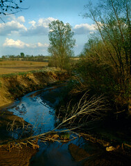 Around The Bend. The blue sky reflected in a meandering stream with a fallen tree in the foreground  and several trees along its bank. Near Queen City, Missouri USA, 1985