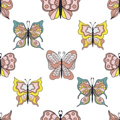 Beautiful butterflies. Seamless pattern. Pastel colors. Collection of isolated flat cartoon vector illustrations.