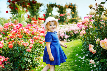 Portrait of little toddler girl in blossoming rose garden. Cute beautiful lovely child having fun with roses and flowers in a park on summer sunny day. Happy smiling baby.