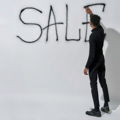 Rear view of man writing lettering sale on wall