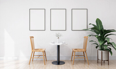 Stylish interior design of dining room with mock up poster frame