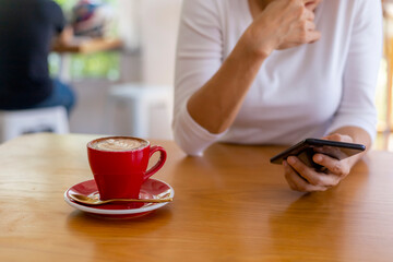 Fototapeta na wymiar Close up hands of beautiful young woman holding mobile, smart phone sitting in cafe. Soft focus hands of women holding and use cell phone in coffee shop. Tectechnology and lifestyle concept.