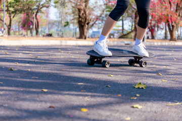 Obraz premium Close-up Asian women surf skate or skateboard outdoors on beautiful morning. Happy young women play surf skate at ramp park on morning time. Close up Asian women leg wear sneaker play surf skate 