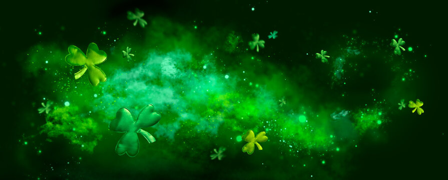 St. Patrick's Day abstract green background decorated with shamrock leaves. Patrick Day pub party celebrating. Abstract Beer art design magic backdrop. Widescreen clovers on black with copy space