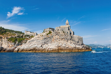 Landscape of Porto Venere with a fortress. Liguria, Italy