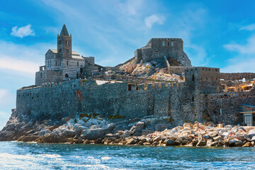 Landscape of Porto Venere with a fortress. Liguria, Italy