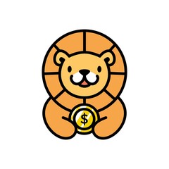 cute lion coin dollar money cartoon playful logo vector icon illustration