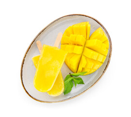 Plate with tasty mango ice cream on white background