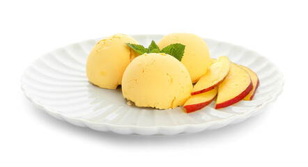 Plate with mango ice cream on white background