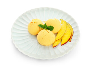 Plate with mango ice cream on white background