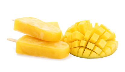 Tasty mango ice cream on white background